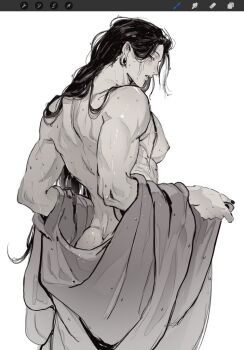 Rule 34 | 1boy, after bathing, ass, black hair, djuney9, ear piercing, jujutsu kaisen, long hair, male focus, muscular, muscular male, nail polish, nude, piercing, puffy male chest, wet, wet hair