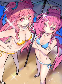 Rule 34 | 2girls, absurdres, bemani, bikini, breasts, fake horns, gokuama, grace (sound voltex), highres, horns, large breasts, multiple girls, pink eyes, pink hair, ponytail, rasis, siblings, side-tie bikini bottom, sisters, small breasts, sound voltex, striped bikini, striped clothes, swimsuit, twintails, yellow bikini