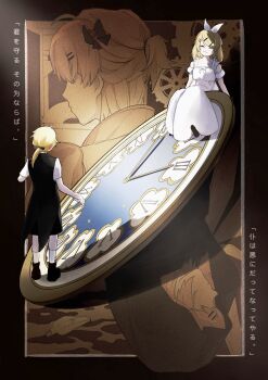 Rule 34 | :3, ^ ^, absurdres, aku no meshitsukai (vocaloid), aku no musume (vocaloid), allen avadonia, bare shoulders, black footwear, black jacket, black ribbon, black shorts, black veil, blonde hair, borrowed clothes, bow, breasts, brother and sister, clock, closed eyes, closed mouth, dress, dress bow, evillious nendaiki, frilled dress, frilled straps, frills, gears, guillotine, hair bow, hair ornament, hair ribbon, hairclip, half updo, high collar, highres, impersonation, jacket, kagamine len, kagamine rin, kashiwara asako, long dress, lyrics, medium hair, nun, ponytail, puffy sleeves, regret message (vocaloid), ribbon, riliane lucifen d&#039;autriche, roman numeral, sepia background, short ponytail, short sleeves, shorts, siblings, sitting, sleeveless blazer, small breasts, smile, socks, translation request, twins, veil, white bow, white dress, white socks