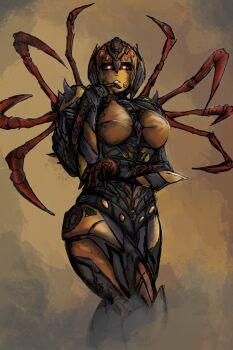 1girl arthropod_limbs beast_wars blackarachnia breasts commentary english_commentary highres humanoid_robot medium_breasts predacon red_eyes robot robot_girl solo spikyart thighs transformers