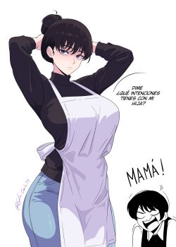 2girls absurdres anger_vein angry apron arms_behind_head black_hair black_sweater blue_eyes breasts chainsaw_man check_translation closed_mouth denim gratam hair_bun highres jeans large_breasts looking_at_another looking_at_viewer mitaka_asa mitaka_asa&#039;s_mother multiple_girls open_mouth pants partially_colored screaming simple_background single_hair_bun spanish_text sweater talking translation_request turtleneck turtleneck_sweater twitter_username white_apron white_background