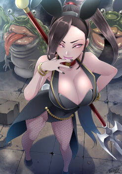 1girl animal_ears bare_shoulders black_leotard black_nails bracelet breasts brown_hair butcha-u cleavage coattails collar commentary_request corruption dragon_quest dragon_quest_xi fake_animal_ears fake_tail fishnet_pantyhose fishnets frog from_above highres holding holding_weapon jewelry large_breasts leotard licking_lips lips long_hair looking_at_viewer makeup martina_(dq11) nail_polish pantyhose pink_eyes playboy_bunny polearm ponytail rabbit_ears rabbit_tail red_eyes smile solo standing tail tailcoat tile_floor tiles tongue tongue_out trident very_long_hair weapon