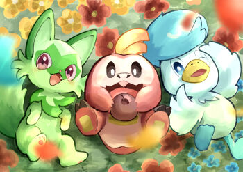 Rule 34 | :d, absurdres, bright pupils, commentary request, fangs, flower, food, from above, fruit, fuecoco, highres, holding, holding food, holding fruit, illustrattyako, lying, nintendo, no humans, on back, one eye closed, open mouth, pokemon, pokemon (creature), quaxly, red eyes, red flower, smile, sprigatito, starter pokemon trio, tongue, white pupils