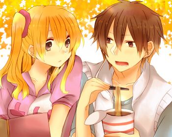 1boy 1girl amamiya_hibiya aoi_choko_(aoichoco) bad_id bad_pixiv_id blonde_hair brown_eyes brown_hair chopsticks cup_ramen highres hood hoodie kagerou_project kisaragi_momo long_hair monaco0704 aged_up side_ponytail