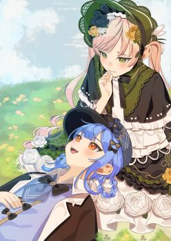 2girls 55szt :d black_capelet black_flower black_hat black_rose blonde_hair blue_hair blue_sky braid braided_hair_rings capelet commentary_request day deerstalker dress flower green_bonnet green_dress green_eyes hair_flower hair_ornament hair_rings hand_on_own_chin hat highres lap_pillow lolita_fashion long_hair long_sleeves looking_at_another looking_down lying mahou_shoujo_no_majo_saiban multiple_girls neck_ribbon necktie on_back on_grass open_mouth outdoors ribbon rose sky smile tachibana_sherry tono_hanna twintails yellow_eyes yellow_flower yellow_rose