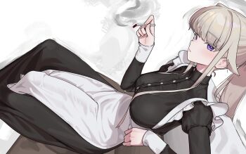 1girl absurdres apron black_dress blonde_hair breasts bulge cigarette closed_mouth covered_penis dress erection erection_under_clothes from_side futanari highres holding holding_cigarette juliet_sleeves large_breasts long_hair long_sleeves looking_at_viewer maid original puffy_sleeves purple_eyes sidelocks sitting smoking solo tagua white_apron