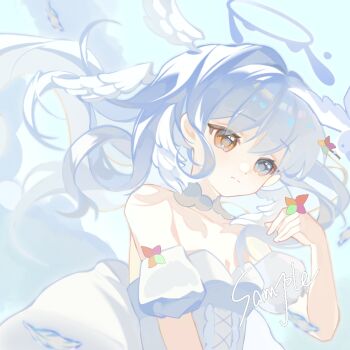 Rule 34 | 1girl, blue eyes, blunt bangs, closed mouth, cloud, collarbone, detached sleeves, dot nose, dress, eyelashes, feathered wings, floating hair, hair intakes, halo, head wings, heterochromia, highres, liu letian, orange eyes, original, puffy short sleeves, puffy sleeves, short sleeves, solo, square, upper body, white dress, white hair, white halo, white wings, wings