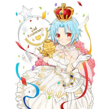 1girl bird blue_hair blue_ribbon blush bow breasts character_name cleavage cleavage_cutout clock closed_mouth clothing_cutout confetti copyright_name cowboy_shot crescent crown dated dress earrings elbow_gloves feathers flower frills full_body gloves hands_up happy_birthday heart holding jewelry long_dress looking_at_viewer medium_breasts merueto mini_crown non-web_source pink_hair red_eyes red_flower ribbon rose sapphire_(uchihime) see-through_clothes short_hair sleeveless sleeveless_dress small_breasts smile solo standing star_(symbol) string_of_flags striped_background striped_bow uchi_no_hime-sama_ga_ichiban_kawaii white_background white_dress white_flower white_gloves yellow_flower yellow_rose