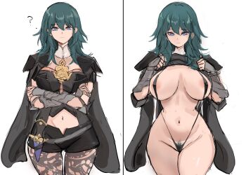 1girl ? areola_slip armlet bikini black_cape blue_eyes blue_hair breasts female_byleth_(fire_emblem) cape closed_mouth crossed_arms dark_blue_hair female_focus fire_emblem fire_emblem:_three_houses flashing frown gauntlets hair_between_eyes highres jewelry large_breasts lifting_own_clothes long_hair looking_at_viewer micro_bikini navel nintendo panties pantyhose pubic_hair purple_eyes pussy pussy_peek rakeemspoon simple_background slingshot_swimsuit split_screen standing swimsuit thick_thighs thighs underwear white_background wide_hips