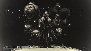 antennae antique_firearm artist_name baloolax black_sclera bloodborne blunderbuss bubba_(watson_amelia) buffson bug capelet colored_sclera crossover deerstalker dog english_text fangs firearm foil glowing glowing_eyes goblin gun hat high_collar highres holding holding_gun holding_mushroom holding_pocket_watch holding_weapon hololive hololive_english hunter_(bloodborne) jacket looking_at_viewer monochrome multiple_persona mushroom mythbreakers_(hololive_english) one_eye_covered open_clothes open_jacket open_mouth pocket_watch shaded_face simple_background smol_ame virtual_youtuber watch watoto_(mythbreakers) watson_amelia weapon