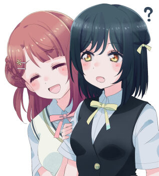 2girls :d :o ? ^_^ behind_another black_hair black_vest blunt_bangs blush bob_cut braid braided_bun breasts bun_with_braided_base closed_eyes collared_shirt commentary_request cream_(nipakupa) dress_shirt fang hair_bun hair_ornament hair_ribbon hairclip hand_on_another&#039;s_arm looking_at_another love_live! love_live!_nijigasaki_high_school_idol_club medium_breasts medium_hair mifune_shioriko multiple_girls neck_ribbon nijigasaki_school_uniform open_mouth orange_eyes pink_hair pink_ribbon ribbon school_uniform shirt short_hair short_sleeves simple_background single_side_bun smile summer_uniform sweater_vest swept_bangs uehara_ayumu upper_body vest white_background white_shirt yellow_ribbon yellow_sweater_vest