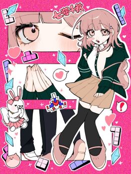 1boy 1girl blush blush_stickers bow breasts brown_hair collared_shirt commentary danganronpa_(series) danganronpa_2:_goodbye_despair ear_bow flipped_hair hair_ornament heart hinata_hajime hood jacket long_sleeves looking_at_viewer medium_hair multiple_views nanami_chiaki nanase_1005 neck_ribbon one_eye_closed open_clothes open_jacket own_hands_together pink_eyes pink_ribbon pink_shoes pleated_skirt ribbon shirt shoes skirt solo_focus thighhighs usami_(danganronpa) white_shirt wings