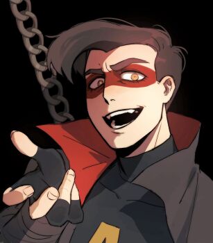 1boy animification anthony_stellar black_background black_bodysuit black_gloves black_hair bodysuit brown_eyes brown_hair chain domino_mask eye_mask facepaint fangs fingerless_gloves gloves hashtag-only_commentary highres looking_at_viewer male_focus mask my_student_spirit open_mouth popped_collar short_hair simple_background smile solo superhero_costume teeth upper_body yy20251111
