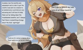 1girl 3boys ;d belt bike_shorts black_gloves blonde_hair breasts brown_belt brown_shirt cameltoe child cleavage english_text gloves highres large_breasts leaning_forward long_hair looking_at_another looking_down midriff multiple_boys navel one_eye_closed open_mouth rwby shirt smile solo_focus speech_bubble teeth toned upper_teeth_only wangxiii wing yang_xiao_long