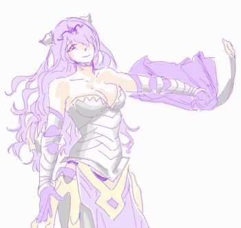 Rule 34 | 1girl, armor, armpits, bare shoulders, bikini armor, black armor, breasts, camilla (fire emblem), cape, cleavage, collarbone, commentary, fire emblem, fire emblem fates, hair over one eye, highres, holding, holding unworn cape, holding unworn clothes, long hair, medium breasts, nintendo, panties, pelvic curtain, purple eyes, purple hair, purple panties, removing cape, sketch, solo, tiara, underwear, undressing, unworn cape, wavy hair, whitejune01