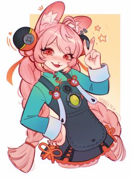 1girl ahoge animal_ear_fluff animal_ear_piercing animal_ears artist_name border braid braided_twintails commentary cowboy_shot dotted_background english_commentary furry furry_female green_shirt hand_on_own_hip highres long_hair looking_at_viewer motion_lines notice_lines open_mouth pink_fur pink_hair rabbit_ears rabbit_girl red_eyes screw shirt short_eyebrows sobelich solo star_(symbol) thick_eyebrows v white_border yellow_background zenless_zone_zero zhao_(zenless_zone_zero)