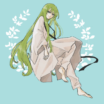 Rule 34 | 1other, androgynous, barefoot, blue background, commentary request, enkidu (fate), fate/strange fake, fate (series), from side, full body, green hair, grey eyes, knee up, komisabut, long hair, looking at viewer, other focus, pants, robe, sidelocks, solo, very long hair, white pants, white robe