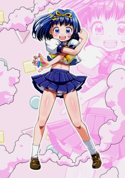 1girl :d asuka_120 between_fingers blue_eyes blue_hair blue_skirt brown_shoes commentary crop_top full_body gluteal_fold hair_ribbon hand_up hiro68 holding holding_test_tube honda_asuka layered_skirt loafers looking_at_viewer midriff miniskirt navel neckerchief open_mouth panties pantyhose pink_background pink_clouds pleated_skirt puffy_short_sleeves puffy_sleeves ribbon school_uniform serafuku shirt shoes short_hair short_sleeves skirt smile socks solo standing teeth test_tube underwear upper_teeth_only white_panties white_shirt white_socks yellow_neckerchief yellow_ribbon zoom_layer