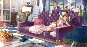 1girl absurdly_detailed_composition apple arm_support banana bare_legs barefoot basket birdcage blonde_hair blue_eyes blue_flower blue_rose blunt_bangs blurry blush book bookshelf bouquet bra cable cage checkered_floor clock cloud cloudy_sky commentary_request controller couch curtains depth_of_field dress female_focus flower food frilled_pillow frills fruit game_controller gamepad gem globe gohei_(aoi_yuugure) grapes hair_flower hair_ornament head_rest health_bar highres indoors lava_lamp loaded_interior long_hair looking_at_viewer lying original panties pillow pink_panties rose screen short_sleeves skirt sky socks solo table television underwear unworn_bra unworn_dress unworn_panties unworn_skirt unworn_socks vase very_long_hair video_game white_dress window