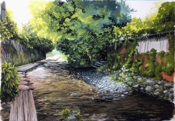 building day harusa1107 highres moss no_humans original outdoors pebble plant scenery shadow shallow_water stream sunlight tree tree_shade water