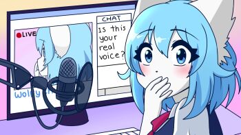Rule 34 | 1girl, animal ears, blue eyes, blue hair, colored skin, commentary, computer keyboard, dot nose, english commentary, english text, highres, indie virtual youtuber, light blush, livestream, microphone, microphone stand, monitor, short hair, thick eyelashes, virtual youtuber, wolf ears, wolf girl, wolfychu, wolfychu (artist)