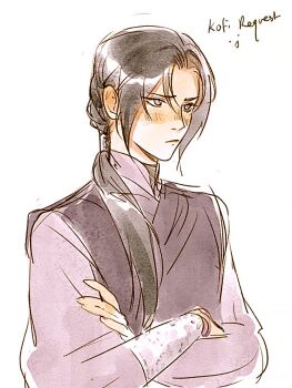 1boy black_hair blush bracer chinese_clothes closed_mouth commentary crossed_arms english_commentary english_text frown grey_eyes hair_ornament half-closed_eyes high_collar kkcoocool long_hair long_sleeves male_focus mu_qing_(tianguan_cifu) ponytail purple_hanfu simple_background sketch solo tianguan_cifu tunic upper_body white_background