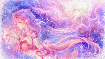 1girl absurdres artist_request breasts chinese_commentary commentary_request dress earrings elf elysia_(hi_love_elf)_(honkai_impact) elysia_(honkai_impact) flower from_side hair_flower hair_ornament heart heart_earrings highres honkai_(series) honkai_impact_3rd jewelry large_breasts long_hair pink_hair pointy_ears red_dress second-party_source very_long_hair