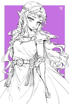 1girl arm_behind_back armor belt bridal_gauntlets circlet cowboy_shot dress earrings jewelry lips long_hair looking_at_viewer monochrome nintendo pointy_ears princess_zelda rain_rkgk shoulder_armor sleeveless sleeveless_dress solo tassel the_legend_of_zelda the_legend_of_zelda:_a_link_to_the_past the_legend_of_zelda:_ocarina_of_time triforce wavy_hair
