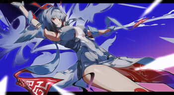 1girl arm_up armlet armpits china_dress chinese_clothes clover_hair_ornament dress droopy_ears hair_ornament hairband highres horse_girl jewelry katachi_noboru_nishikino leg_tattoo qingming_sword red_eyes see-through_horns silver_armlet solo tattoo white_hair white_hairband ye_shunguang zenless_zone_zero