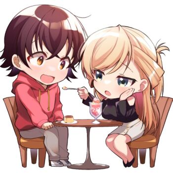 Rule 34 | 1boy, 1girl, araragi ayune, bare shoulders, black shirt, blonde hair, breasts, brown hair, brown pants, brown skirt, chair, chibi, chibi only, commentary request, couple, crossed bangs, feeding, food, green eyes, hand on own cheek, hand on own face, hands on own knees, hetero, hood, hood down, hoodie, isshiki-san wa koi wo shiritai., large breasts, light blush, long hair, long sleeves, looking at another, meishi leland, open mouth, orange eyes, pants, parfait, pudding, red hoodie, rinna milford, shirt, shoes, short hair, simple background, sitting, skirt, swept bangs, table, white background