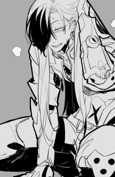 1boy absurdres arm_up belt boothill_(honkai:_star_rail) cropped_jacket cyborg ear_piercing earrings grey_background greyscale hair_over_one_eye hand_in_own_hair highres honkai:_star_rail honkai_(series) jewelry long_hair male_focus midriff monochrome mrsw0911 one_eye_covered open_mouth pants piercing sleeve_cuffs solo unzipped