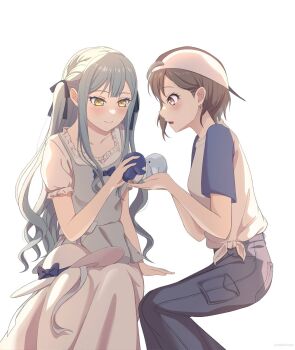 2girls backwards_hat bang_dream! bang_dream!_it&#039;s_mygo!!!!! baseball_cap blue_eyes blue_hair blue_pants blush breasts brown_eyes callmeberrypls closed_mouth commentary earrings english_commentary grey_hair hair_ribbon hat invisible_chair jewelry long_hair multiple_girls open_mouth pants pink_hair ribbon shirt short_hair sidelocks simple_background sitting small_breasts stuffed_animal stuffed_penguin stuffed_toy takamatsu_tomori tied_shirt togawa_sakiko two_side_up unworn_hat unworn_headwear white_background white_shirt yellow_eyes yuri