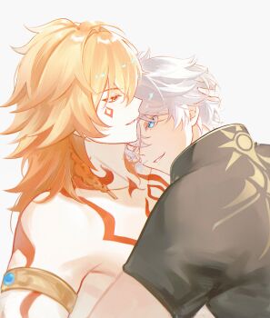 2boys absurdres antenna_hair arm_tattoo armlet black_shirt blonde_hair blue_eyes braid chest_tattoo commentary facial_tattoo fuyunlark15430 gradient_hair highres honkai:_star_rail honkai_(series) hug jewelry male_focus medium_hair multicolored_hair multiple_boys mydei_(honkai:_star_rail) one_eye_closed phainon_(honkai:_star_rail) red_hair red_tattoo shirt short_hair side_braid simple_background symbol-only_commentary tattoo white_background white_hair yaoi yellow_eyes