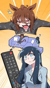2girls ? agnes_tachyon's_trainer agnes_tachyon_(umamusume) ahoge arm_rest barefoot black_pajamas blue_eyes blue_hair blue_pajamas blue_ribbon brown_hair carrot_print chemical_structure commentary_request controller couch ear_ornament female_trainer_(umamusume) film_grain food_print hair_ribbon highres horse_girl korean_commentary lapels layer_(layer_illust) lazy long_hair motion_lines multiple_girls multiple_views on_couch orange_background pajamas pillow polka_dot polka_dot_background red_eyes remote_control ribbon sitting standing struggling sweat trainer_(umamusume) trembling umamusume upper_body v-shaped_eyebrows