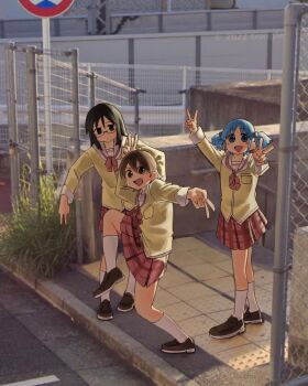 3girls a_(mitei7926) aioi_yuuko arms_up black_eyes black_hair blue_eyes blue_hair brown_eyes brown_hair brown_shoes double_v glasses high_school_girls_posing_for_google_street_view_(meme) jacket long_hair long_sleeves looking_at_viewer meme minakami_mai multiple_girls naganohara_mio neckerchief nichijou open_mouth outdoors outstretched_arm photo_background red_neckerchief red_skirt school_uniform shoes short_hair skirt smile socks standing standing_on_one_leg twintails v white_socks yellow_jacket