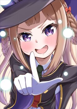 1girl absurdres akanehiiro animal_ears black_robe blush braid braided_hair_rings brown_hair cloak collared_shirt fang gloves green_necktie hair_rings hat highres horse_ears horse_girl long_hair looking_at_viewer necktie open_cloak open_clothes open_mouth pointing pointing_at_viewer purple_eyes red_sweater robe shirt skirt smile solo sweater sweep_tosho_(platanus_witch)_(umamusume) sweep_tosho_(umamusume) umamusume white_gloves white_shirt white_skirt witch_hat