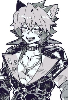 Rule 34 | 1boy, animal ear fluff, animal ear piercing, animal ears, blush, choker, closed eyes, collarbone, collared jacket, commentary request, cowboy shot, crew neck, earrings, facial scar, gogogalar, greyscale, highres, jacket, jewelry, komano manato, lapels, male focus, monochrome, necklace, open mouth, piercing, scar, scar on cheek, scar on face, shirt, short hair, simple background, smile, solo, spiked jacket, teeth, white background, wolf boy, wolf ears, zenless zone zero