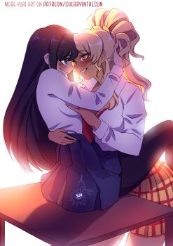 Rule 34 | 2girls, artist logo, black hair, black pantyhose, blonde hair, blue skirt, blush, brown eyes, cherry in the sun, collared shirt, commentary, dark-skinned female, dark skin, english commentary, food court de mata ashita, gyaru, leg lift, logo, long hair, multiple girls, pantyhose, parted lips, patreon username, plaid clothes, plaid skirt, pleated skirt, ponytail, purple eyes, school uniform, shirt, simple background, skirt, smile, wada (food court), white background, white shirt, yamamoto (food court), yellow skirt, yuri