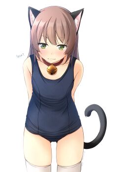 1girl animal_ears bell blush brown_hair cat_ears cat_girl cat_tail closed_mouth collar commentary_request green_eyes highres jingle_bell neck_bell old_school_swimsuit one-piece_swimsuit original school_swimsuit shibacha simple_background solo swimsuit tail thighhighs white_background white_thighhighs