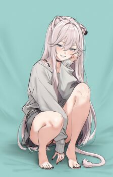 1girl absurdres ahoge alternate_costume animal_ear_fluff animal_ears bare_legs barefoot black_choker black_nails black_panties choker commentary_request double-parted_bangs feet full_body grey_eyes grey_hair grey_skirt grey_sweater hair_between_eyes hand_up highres hololive legs lion_ears lion_tail long_hair long_sidelocks looking_at_viewer messy_hair miniskirt nail_polish panties panty_peek pleated_skirt shishiro_botan sidelocks simple_background skirt sleeves_past_wrists solo sweater tail toenail_polish toenails toes underwear very_long_hair virtual_youtuber zexalmike