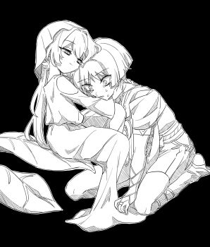 1boy 1girl arm_cutout belt black_background blunt_ends bodysuit bow bridal_legwear cape chin_rest closed_mouth clothing_cutout cosplay cross-shaped_pupils eyelashes feathers gem genshin_impact greyscale hand_on_another&#039;s_cheek hand_on_another&#039;s_face hashtag-only_commentary hatching_(texture) head_on_head head_rest highres hip_vent hug japanese_clothes kimono kneeling leaf linear_hatching long_hair long_sleeves looking_at_another looking_down monochrome nahida_(genshin_impact) rope scaramouche_(genshin_impact) short_sleeves shorts sitting smile split_mouth statue_of_the_seven statue_of_the_seven_(cosplay) stirrup_legwear symbol-shaped_pupils toeless_legwear toga uwao0607 veil vision_(genshin_impact) wanderer_(genshin_impact) wide-eyed wispy_bangs