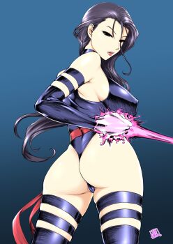 Rule 34 | 1girl, ass, black hair, breasts, cameltoe, covered erect nipples, cowboy shot, curvy, earrings, energy sword, from behind, glowing, highleg, highleg leotard, highres, hoop earrings, huge ass, jewelry, large breasts, legs apart, leotard, long hair, looking at viewer, looking back, marvel, marvel rivals, parted lips, psylocke, psylocke (vengeance), purple eyes, purple leotard, red lips, red sash, sash, skindentation, solo, st.germain-sal, sword, thong leotard, waist sash, wavy hair, weapon, wide hips, x-men