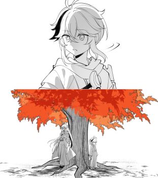 Rule 34 | 2boys, commentary request, genshin impact, greyscale, highres, hiruru, japanese clothes, kaedehara kazuha, kimono, monochrome, multicolored hair, multiple boys, open mouth, outdoors, ponytail, shawl, spot color, streaked hair, tree