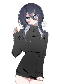 1girl :o absurdres black_dress black_hair blush blush_stickers breasts colored_inner_hair cowboy_shot dress dress_tug grey_eyes grey_hair hair_between_eyes hand_up head_tilt highres large_breasts long_hair long_sleeves looking_at_viewer multicolored_hair oimotororo1116 original parted_lips simple_background sleeves_past_wrists solo sweat thigh_gap turtleneck turtleneck_dress upper_body white_background yuuka_(oimotororo1116)
