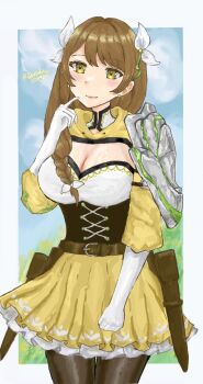 Rule 34 | 1girl, black corset, braid, breasts, brown hair, cleavage, corset, finger to face, fire emblem, fire emblem engage, gloves, goldmary (fire emblem), hair ribbon, hooded top, large breasts, long hair, looking at viewer, nintendo, ribbon, sarada kongari, side ponytail, single shoulder pad, skirt, solo, white gloves, white ribbon, yellow eyes, yellow skirt