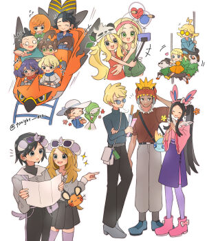 6+boys 6+girls ahoge alternate_costume antennae black_hair blonde_hair blue_eyes bonnie_(pokemon) brown_hair calem_(pokemon) character_hat clemont_(pokemon) closed_eyes dark-skinned_female dark-skinned_male dark_skin dexio_(pokemon) diantha_(pokemon) eyewear_on_head fake_antennae fake_tail flying_sweatdrops gardevoir gen_3_pokemon gen_6_pokemon gogoat grant_(pokemon) green_eyes hat heart highres holding holding_map long_hair looking_at_another map multiple_boys multiple_girls multiple_views nintendo pangoro pokemon pokemon_(creature) pokemon_xy professor_sycamore rain_(tonight_862) roller_coaster round_eyewear selfie_stick serena_(pokemon) shauna_(pokemon) siebold_(pokemon) sina_(pokemon) skiddo standing sweater tail talonflame tierno_(pokemon) trevor_(pokemon) turtleneck turtleneck_sweater tyrantrum v valerie_(pokemon) very_long_hair viola_(pokemon) white_hat