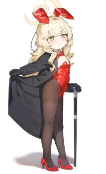1girl absurdres animal_ear_hairband animal_ears black_coat black_gloves black_pantyhose blonde_hair blue_archive blush bow bowtie breasts cane closed_mouth coat commentary detached_collar fake_animal_ears freehoney from_side full_body gloves green_eyes hairband halo high_heels highleg highleg_leotard highres leotard long_hair long_sleeves paid_reward_available pantyhose playboy_bunny professor_niyaniya_(blue_archive) rabbit_ear_hairband rabbit_ears red_bow red_bowtie red_leotard red_shoes shadow shoes simple_background small_breasts solo standing strapless strapless_leotard thighband_pantyhose wavy_hair white_background yellow_halo