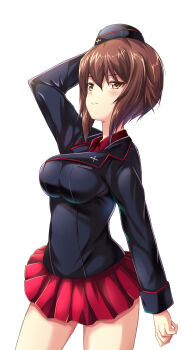 Rule 34 | 10s, 1girl, blush, breasts, brown eyes, brown hair, female focus, gairou (takakuan), garrison cap, girls und panzer, hand on own head, hat, highres, kuromorimine military uniform, medium breasts, nishizumi maho, short hair, skirt, solo, thighs, white background