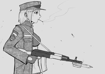 Rule 34 | 1girl, abs, assault rifle, bags under eyes, bayonet, belt, breast pocket, camouflage, camouflage jacket, cigarette, crop top, digital camouflage, finger on trigger, greyscale, gun, hat, holding, holding gun, holding weapon, jacket, limestone (artist), marichka, military, military uniform, monochrome, narrowed eyes, open clothes, open jacket, original, peaked cap, pocket, rifle, russo-ukrainian war, short hair, smoke, smoking, smoking barrel, soldier, solo, tryzub, ukrainian flag, weapon