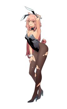 1girl :d absurdres alternate_costume animal_ear_hairband animal_ears arknights arm_up black_hairband black_leotard breasts brown_pantyhose chinese_commentary cleavage commentary_request contrapposto detached_collar fake_animal_ears full_body gravel_(arknights) green_shoes grin groin hairband hand_on_own_thigh high_heels highleg highleg_leotard highres leotard long_hair looking_at_viewer medium_breasts motion_lines open_mouth pantyhose pink_eyes pink_hair pink_tail playboy_bunny rabbit_ear_hairband rabbit_ears rongyuanfeida shoes simple_background smile solo standing strapless strapless_leotard tail torn_clothes torn_pantyhose white_background wrist_cuffs